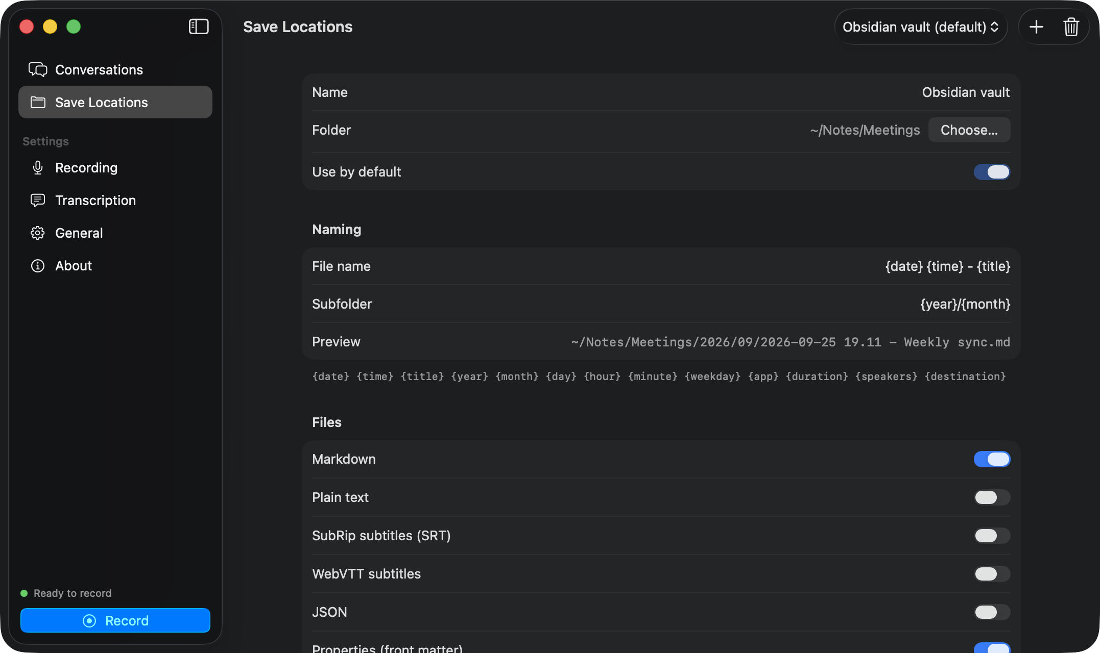 Save location editor with folder, file name, formats and audio options