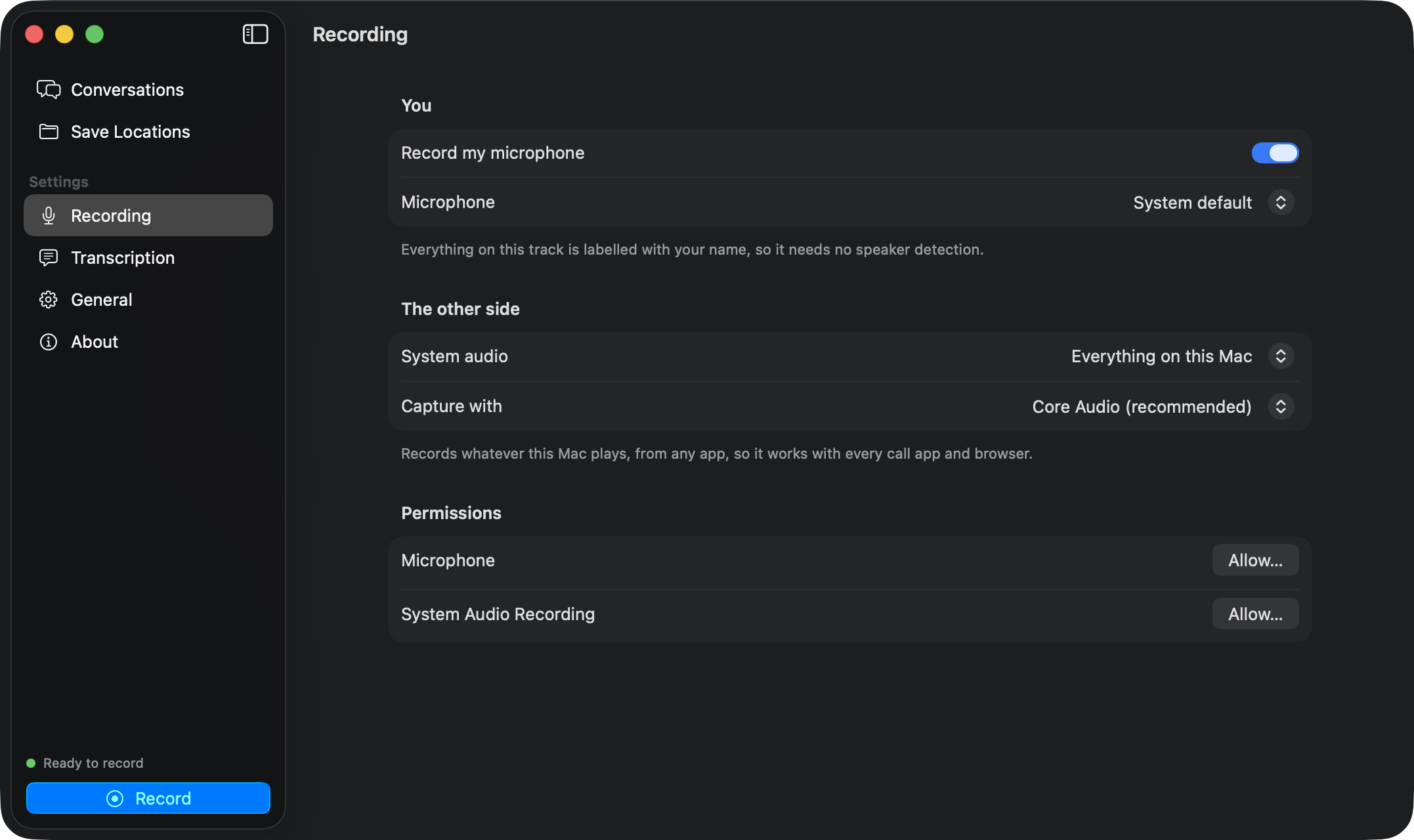 Recording settings: microphone, system audio, meeting detection