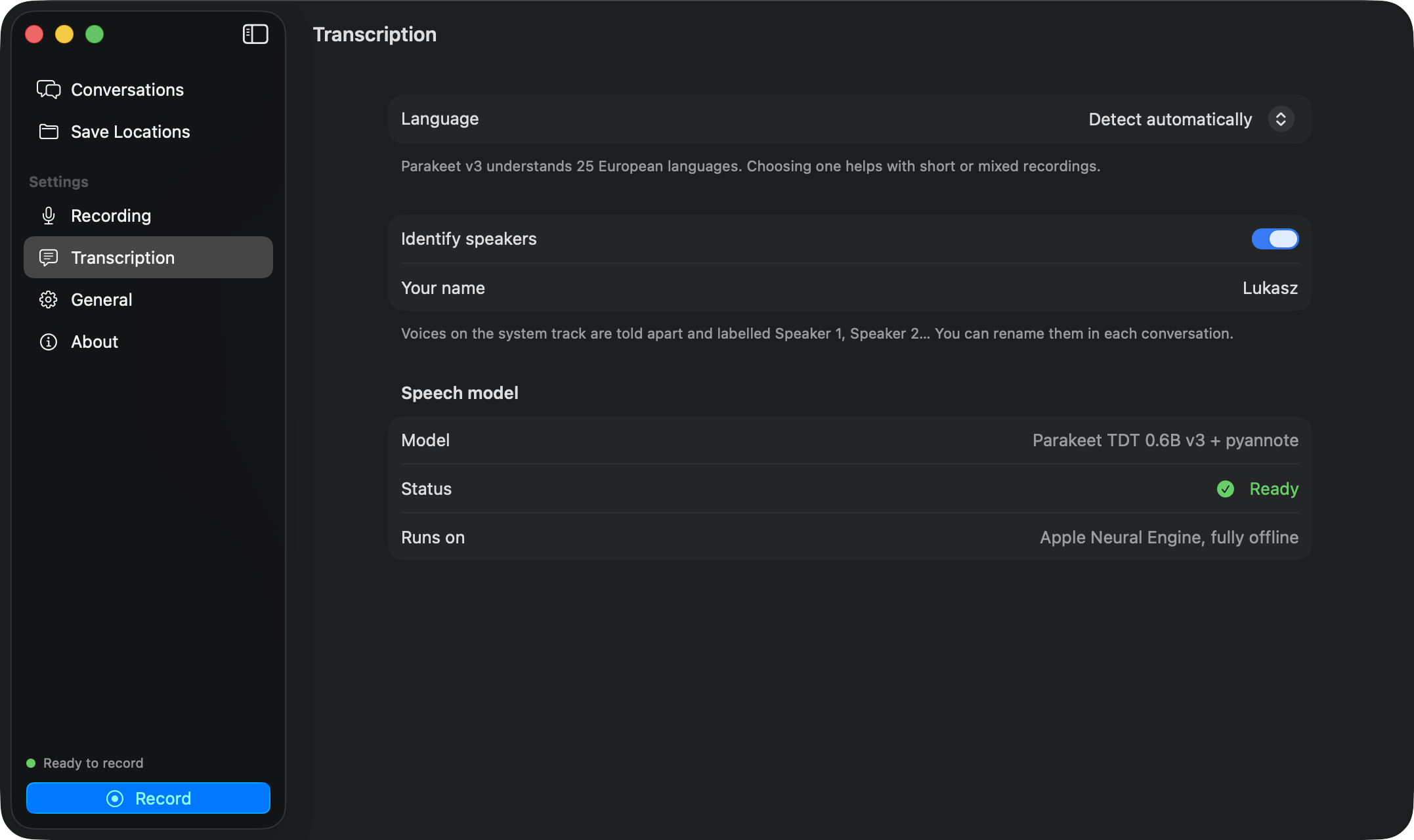 Transcription settings